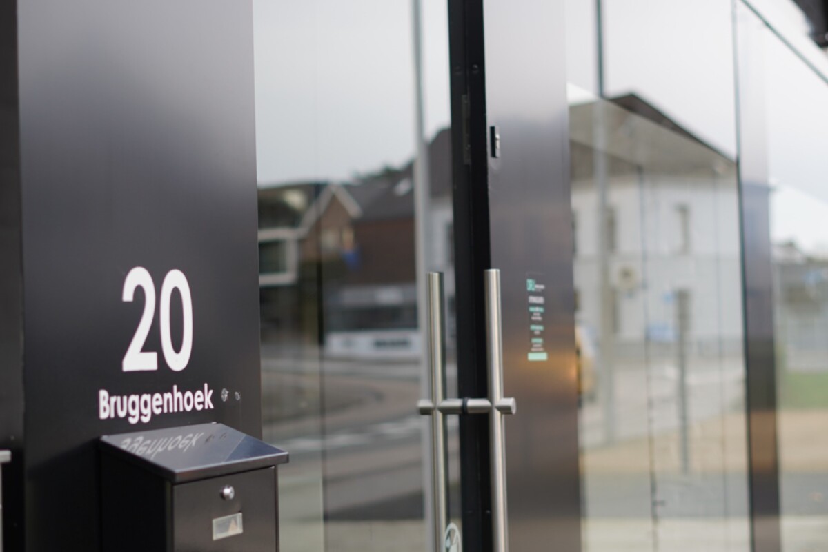 Inkom met glazen deur en detail van ramen en deuren in Lierde